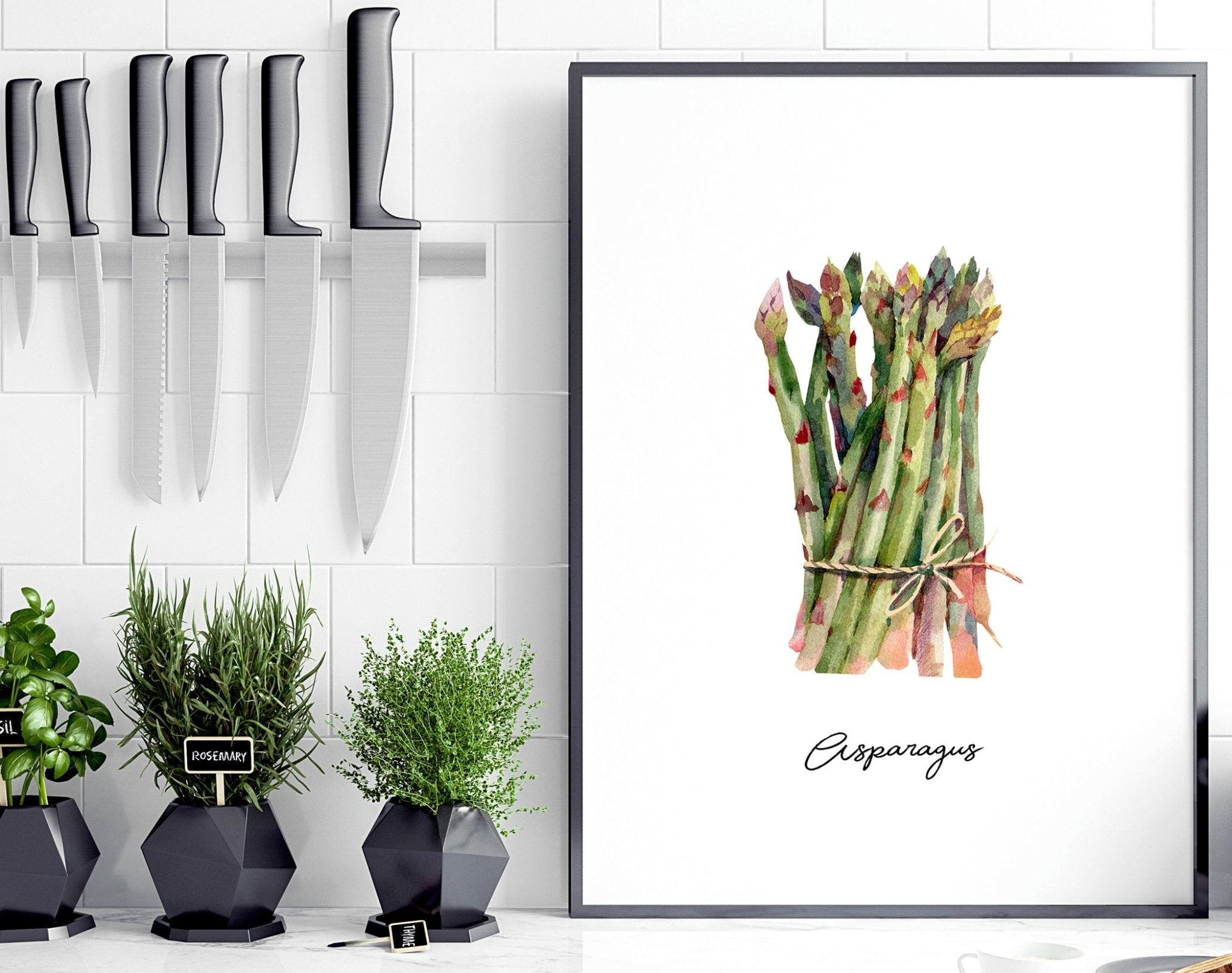 Set of 3 framed vegetable wall art prints featuring vibrant illustrations of fresh vegetables, perfect for kitchen decor.