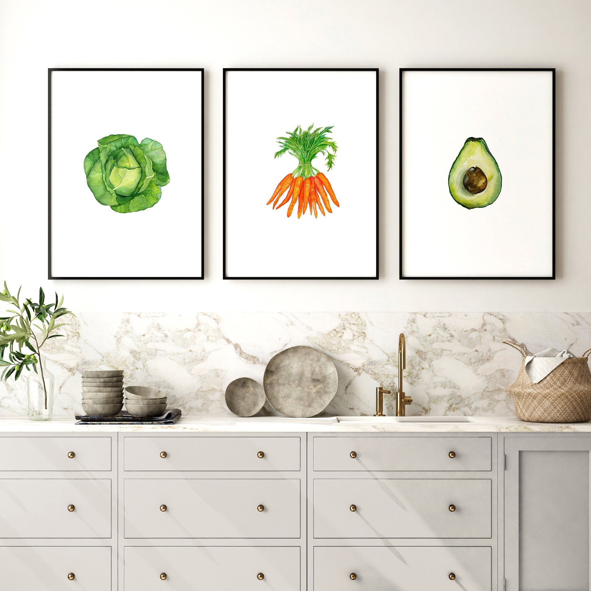 Set of 3 framed vegetable prints showcasing vibrant illustrations of vegetables, perfect for kitchen decor.