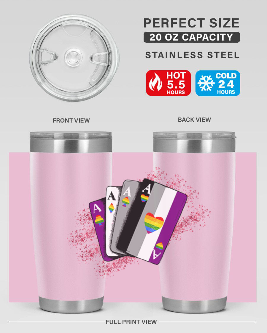 Asexual Ace Flag Playing Card Tumbler showcasing vibrant colors and stainless steel design, perfect for hot and cold beverages.