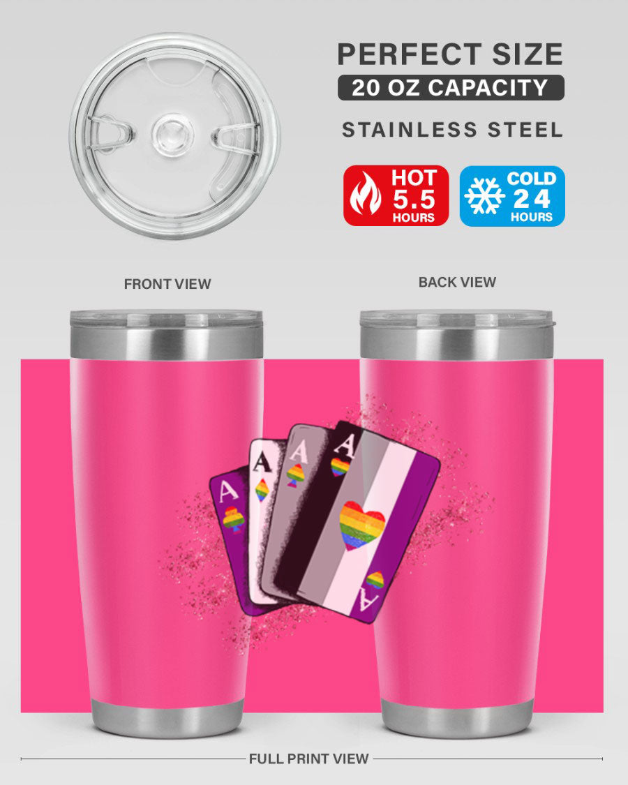 Asexual Ace Flag Playing Card Tumbler showcasing vibrant colors and stainless steel design, perfect for hot and cold beverages.