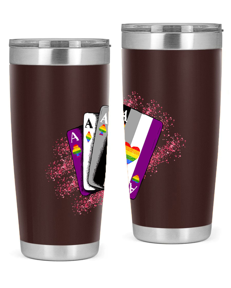 Asexual Ace Flag Playing Card Tumbler showcasing vibrant colors and stainless steel design, perfect for hot and cold beverages.