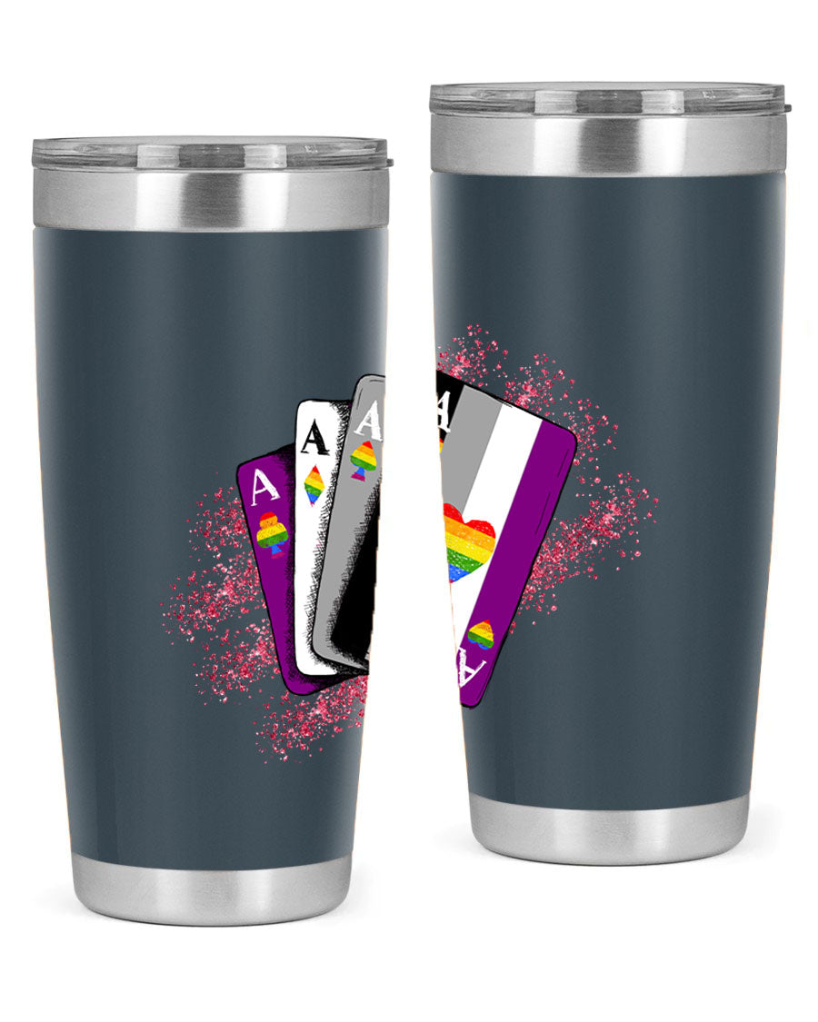 Asexual Ace Flag Playing Card Tumbler showcasing vibrant colors and stainless steel design, perfect for hot and cold beverages.