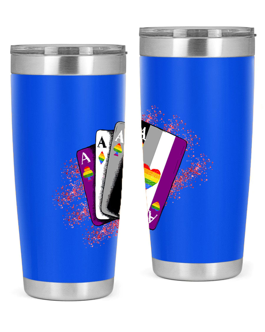 Asexual Ace Flag Playing Card Tumbler showcasing vibrant colors and stainless steel design, perfect for hot and cold beverages.