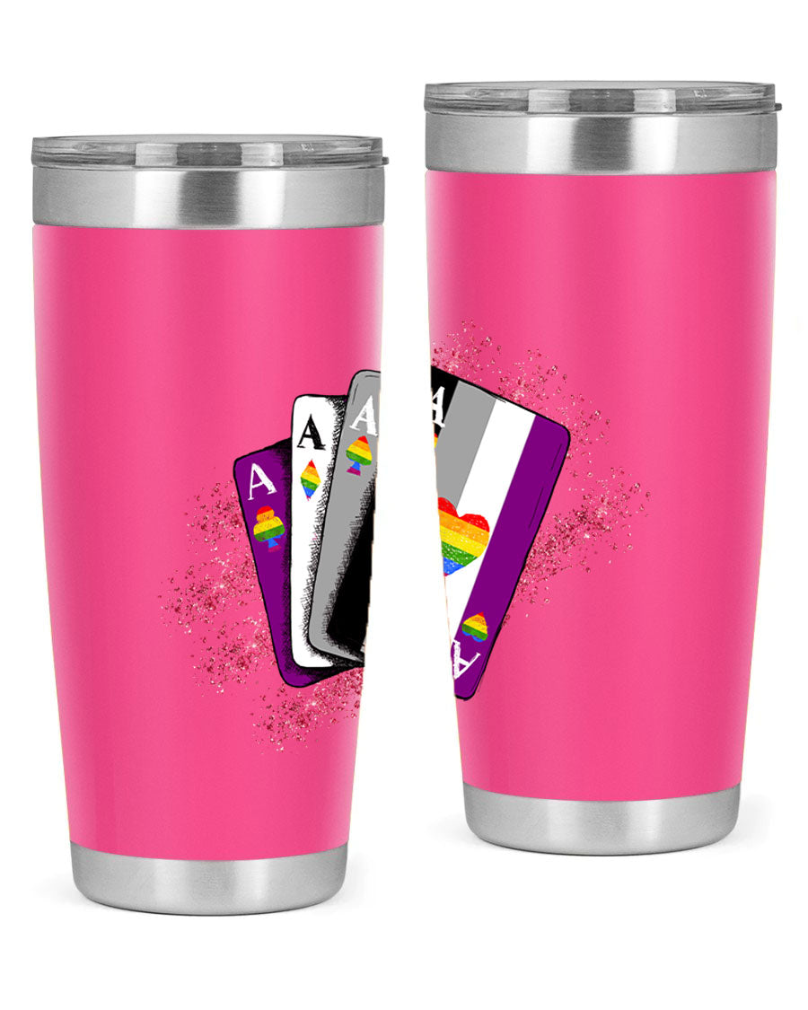 Asexual Ace Flag Playing Card Tumbler showcasing vibrant colors and stainless steel design, perfect for hot and cold beverages.