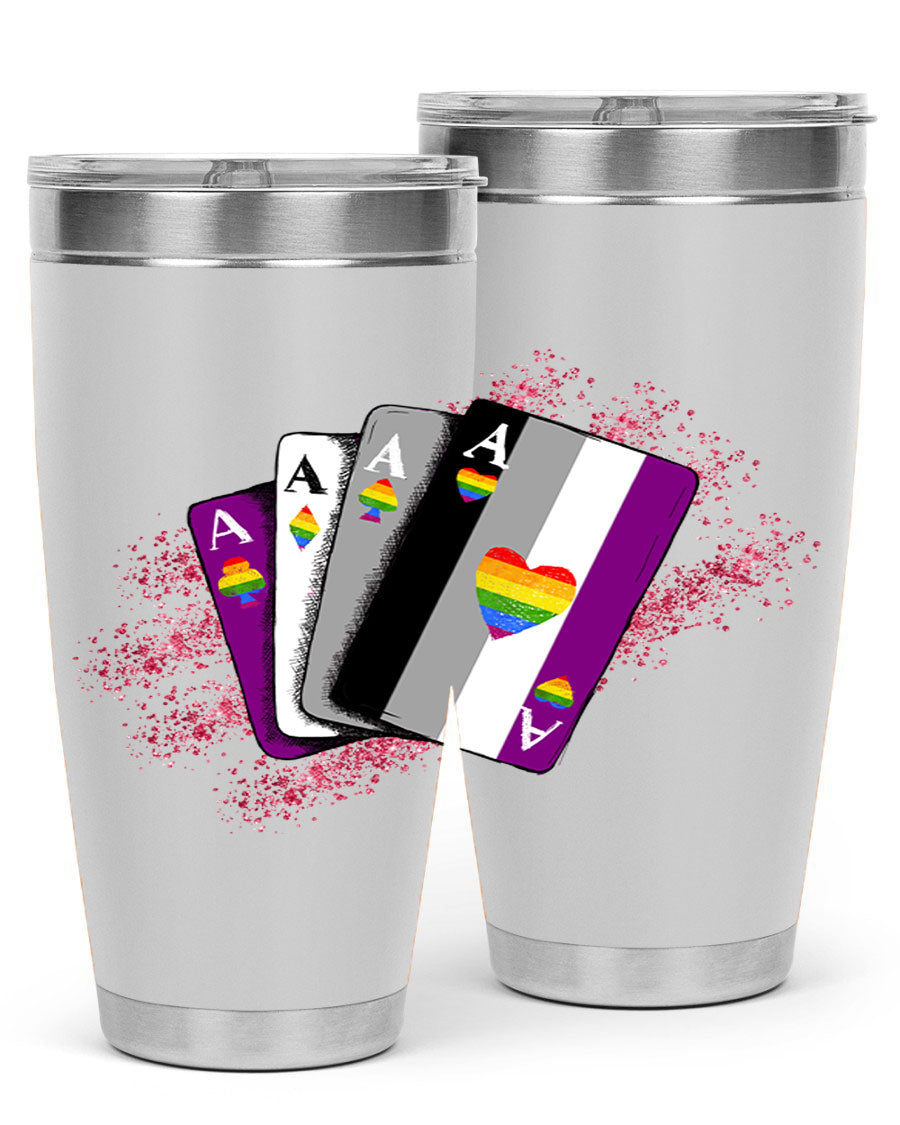 Asexual Ace Flag Playing Card Tumbler showcasing vibrant colors and stainless steel design, perfect for hot and cold beverages.