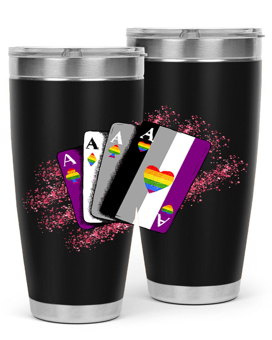 Asexual Ace Flag Playing Card Tumbler showcasing vibrant colors and stainless steel design, perfect for hot and cold beverages.