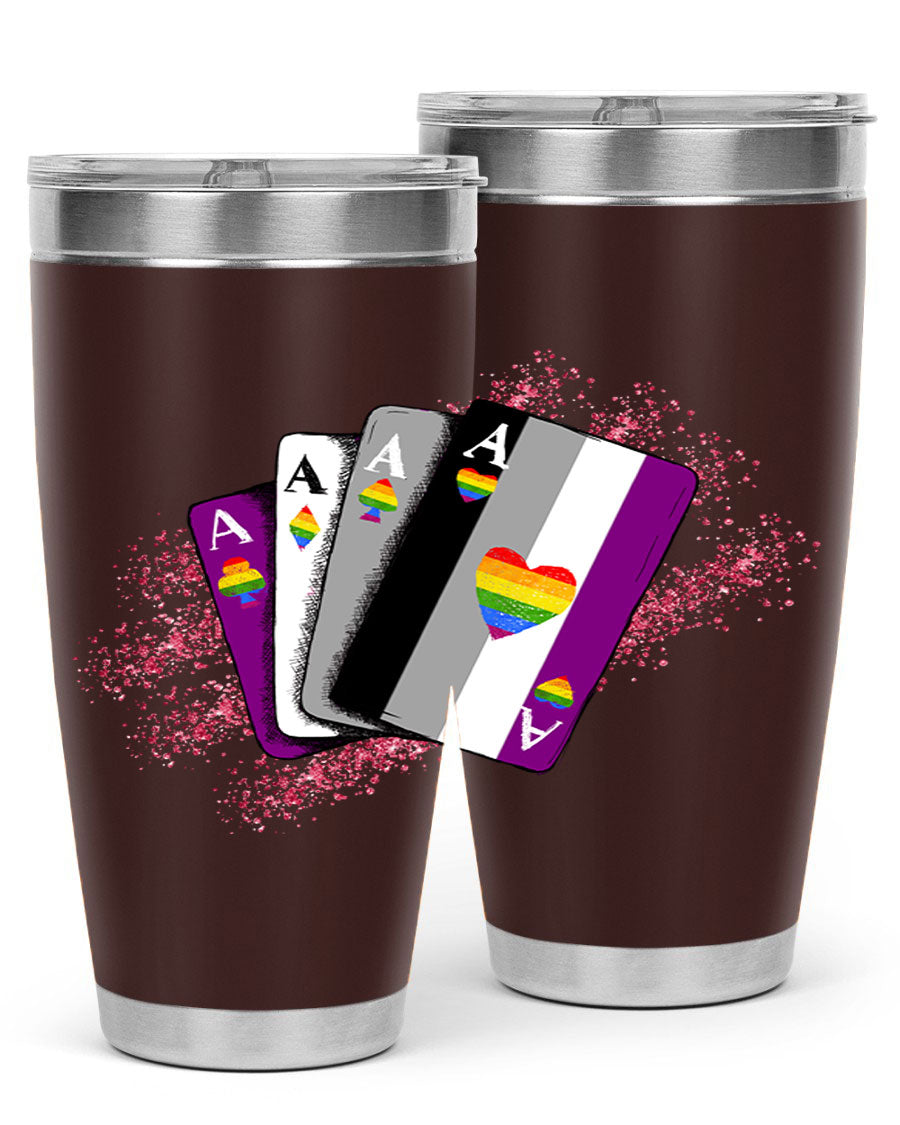 Asexual Ace Flag Playing Card Tumbler showcasing vibrant colors and stainless steel design, perfect for hot and cold beverages.