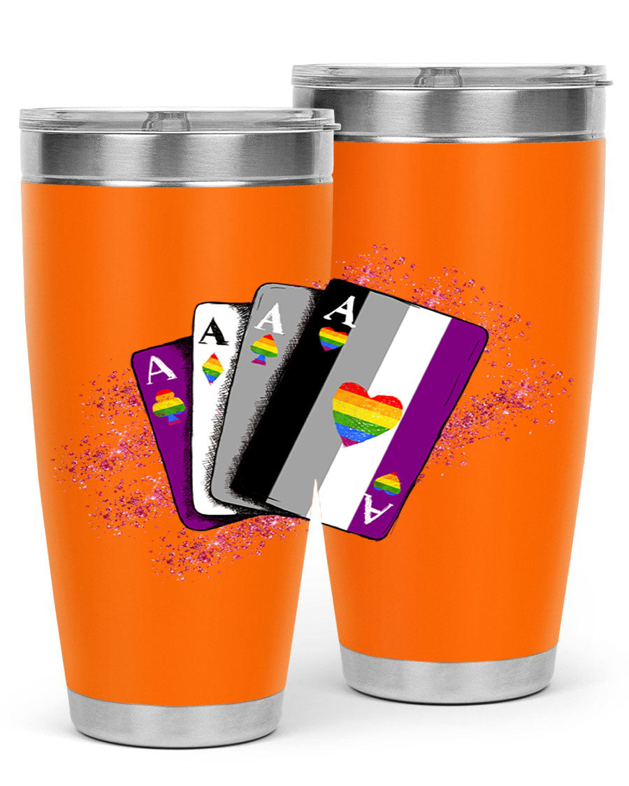 Asexual Ace Flag Playing Card Tumbler showcasing vibrant colors and stainless steel design, perfect for hot and cold beverages.