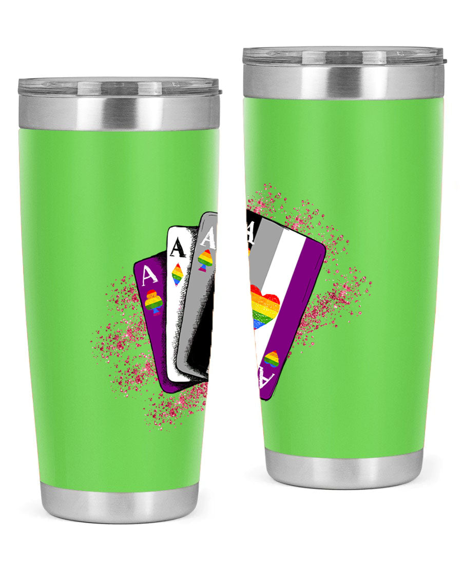 Asexual Ace Flag Playing Card Tumbler showcasing vibrant colors and stainless steel design, perfect for hot and cold beverages.