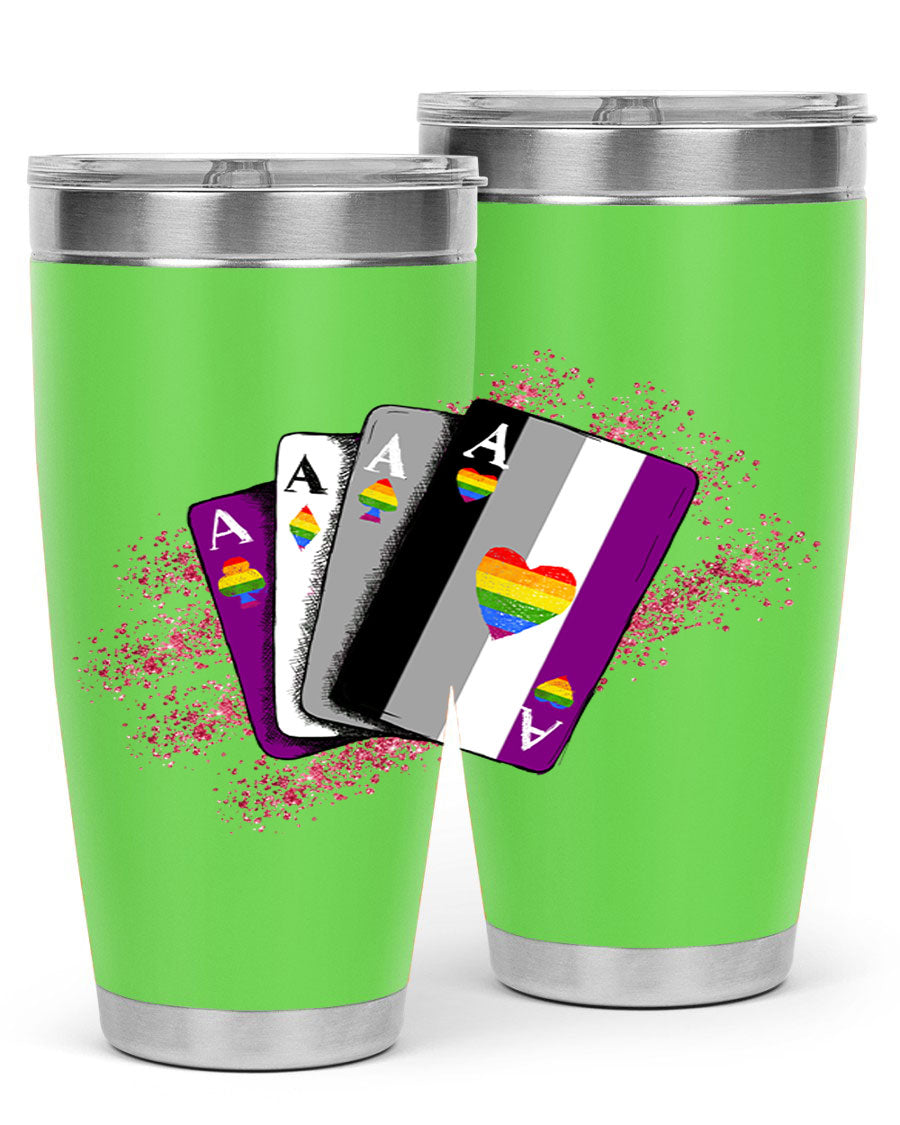 Asexual Ace Flag Playing Card Tumbler showcasing vibrant colors and stainless steel design, perfect for hot and cold beverages.