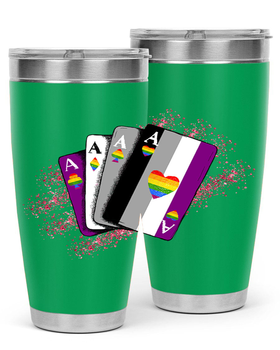 Asexual Ace Flag Playing Card Tumbler showcasing vibrant colors and stainless steel design, perfect for hot and cold beverages.