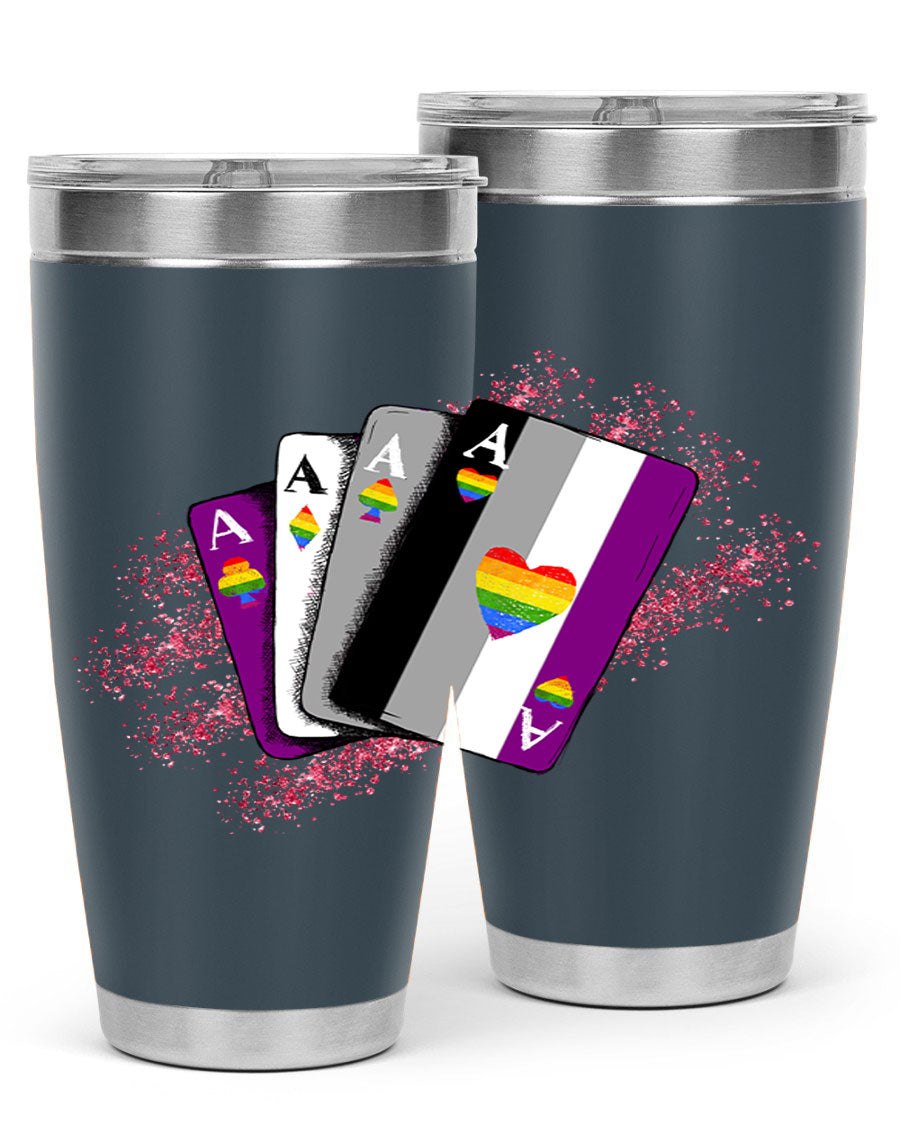 Asexual Ace Flag Playing Card Tumbler showcasing vibrant colors and stainless steel design, perfect for hot and cold beverages.