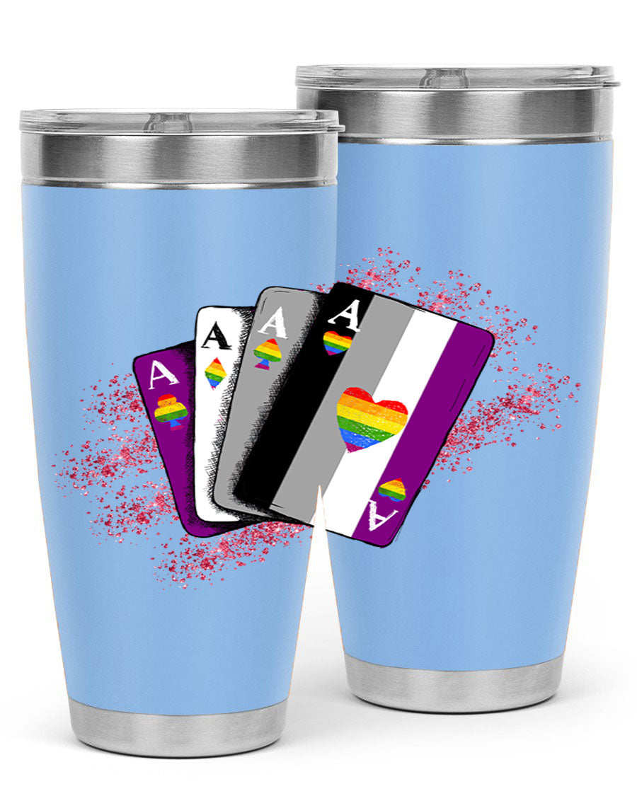 Asexual Ace Flag Playing Card Tumbler showcasing vibrant colors and stainless steel design, perfect for hot and cold beverages.