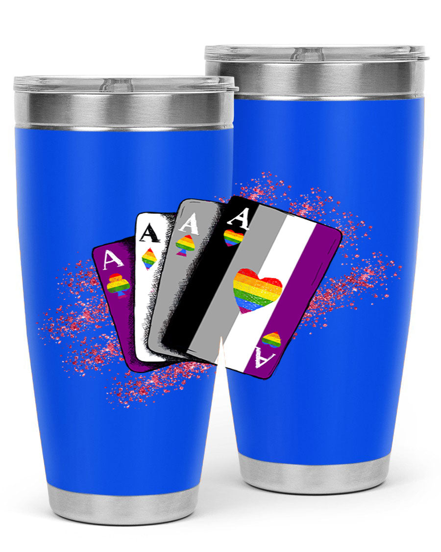 Asexual Ace Flag Playing Card Tumbler showcasing vibrant colors and stainless steel design, perfect for hot and cold beverages.