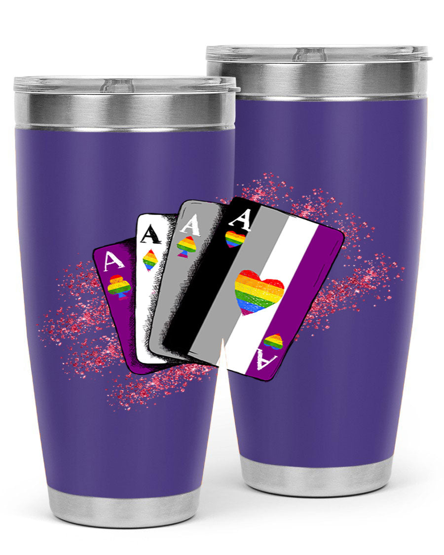 Asexual Ace Flag Playing Card Tumbler showcasing vibrant colors and stainless steel design, perfect for hot and cold beverages.
