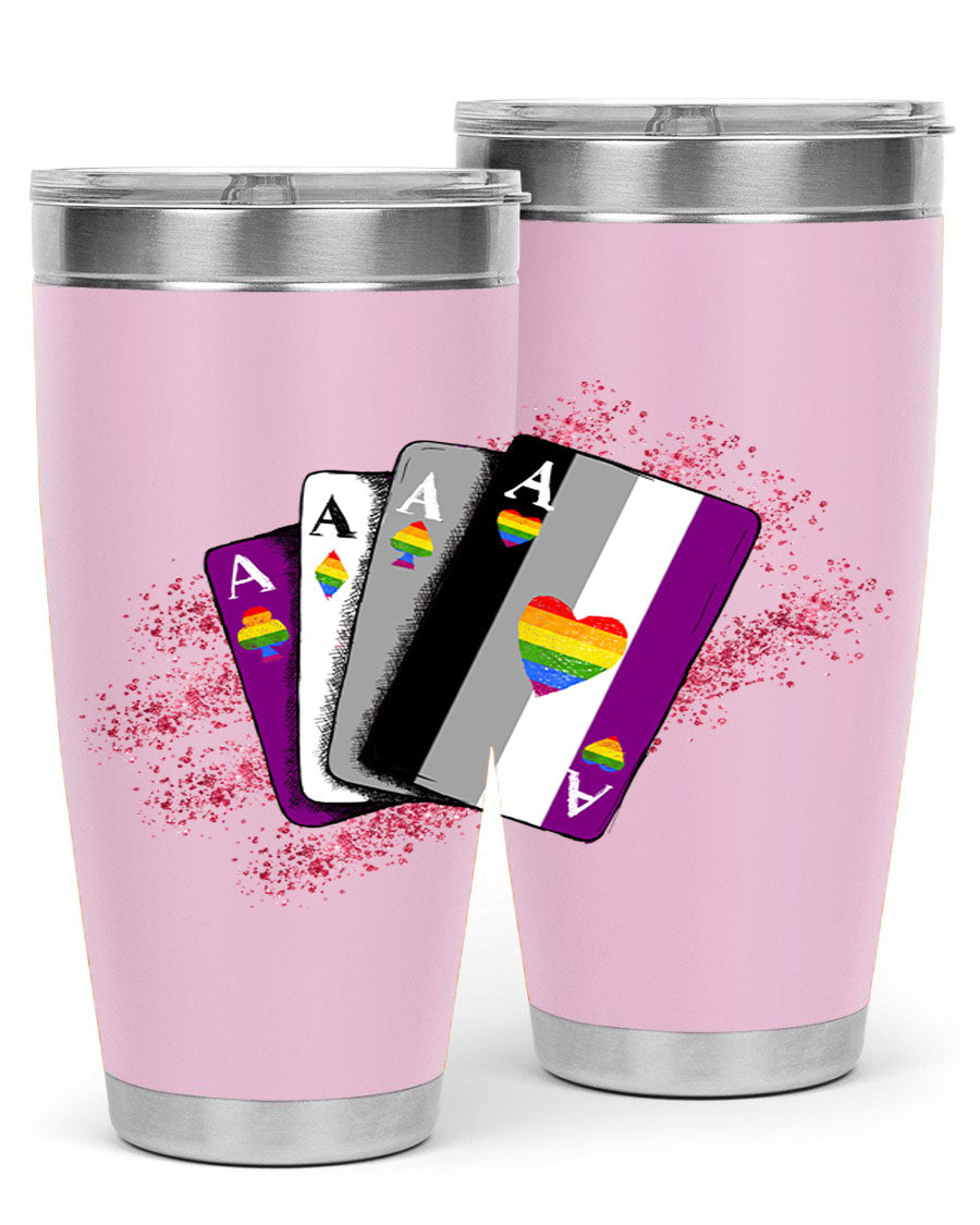 Asexual Ace Flag Playing Card Tumbler showcasing vibrant colors and stainless steel design, perfect for hot and cold beverages.
