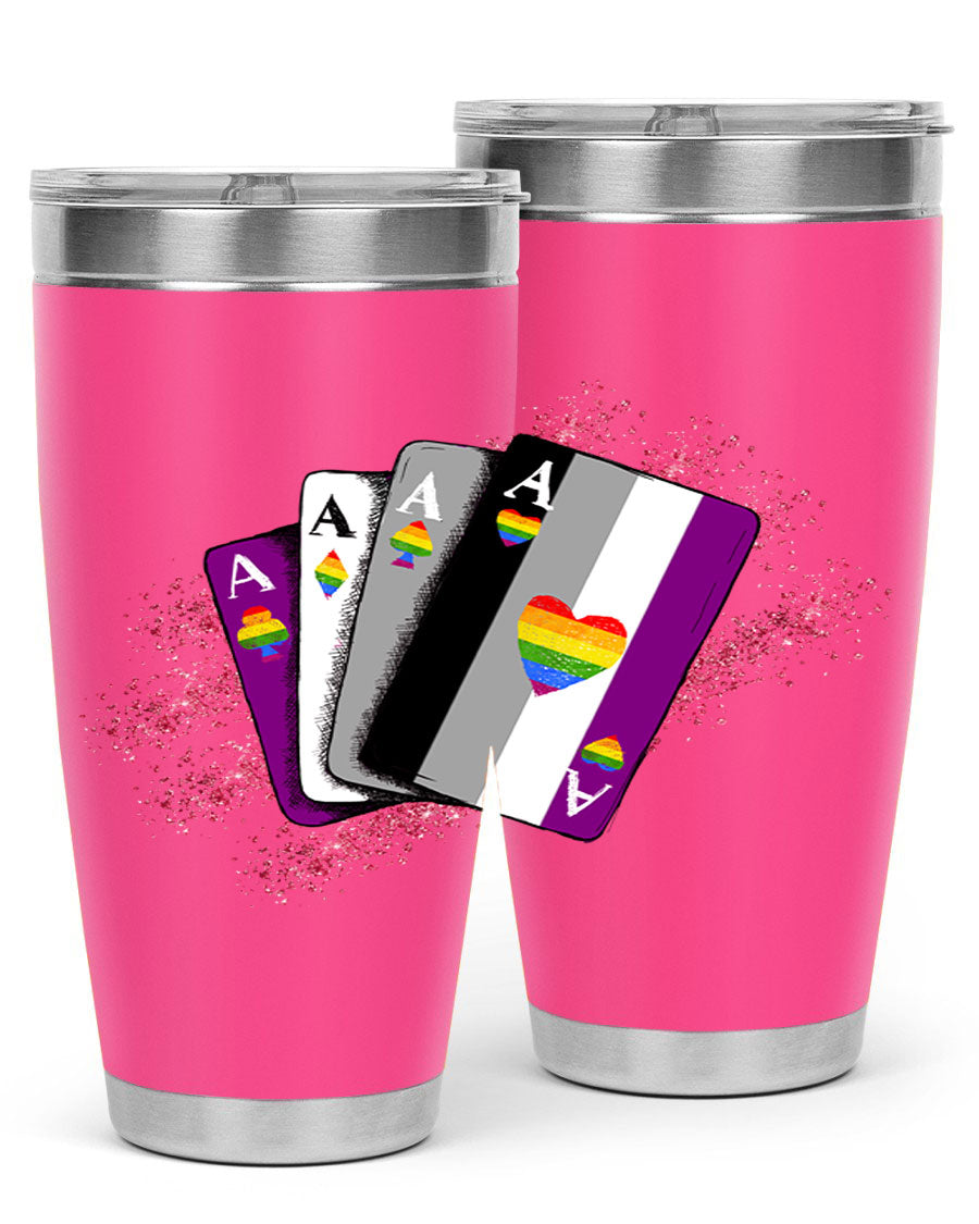 Asexual Ace Flag Playing Card Tumbler showcasing vibrant colors and stainless steel design, perfect for hot and cold beverages.