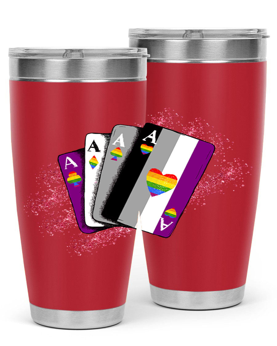 Asexual Ace Flag Playing Card Tumbler showcasing vibrant colors and stainless steel design, perfect for hot and cold beverages.