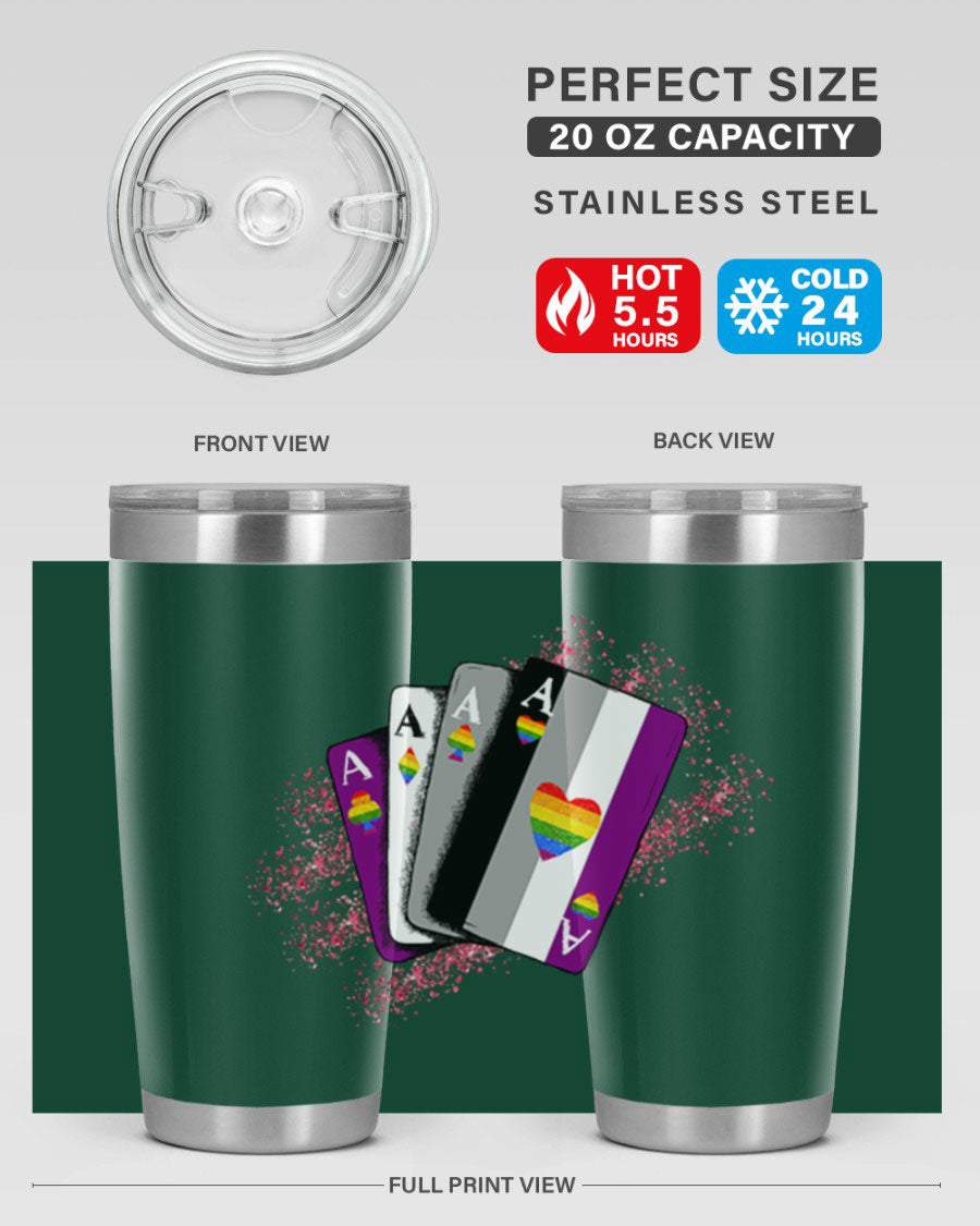 Asexual Ace Flag Playing Card Tumbler showcasing vibrant colors and stainless steel design, perfect for hot and cold beverages.