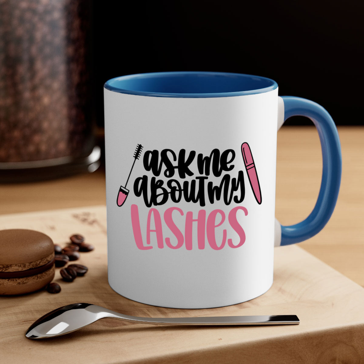 Ask Me About My Lashes Style 144# Mug with colorful handle and glossy finish, available in multiple colors.