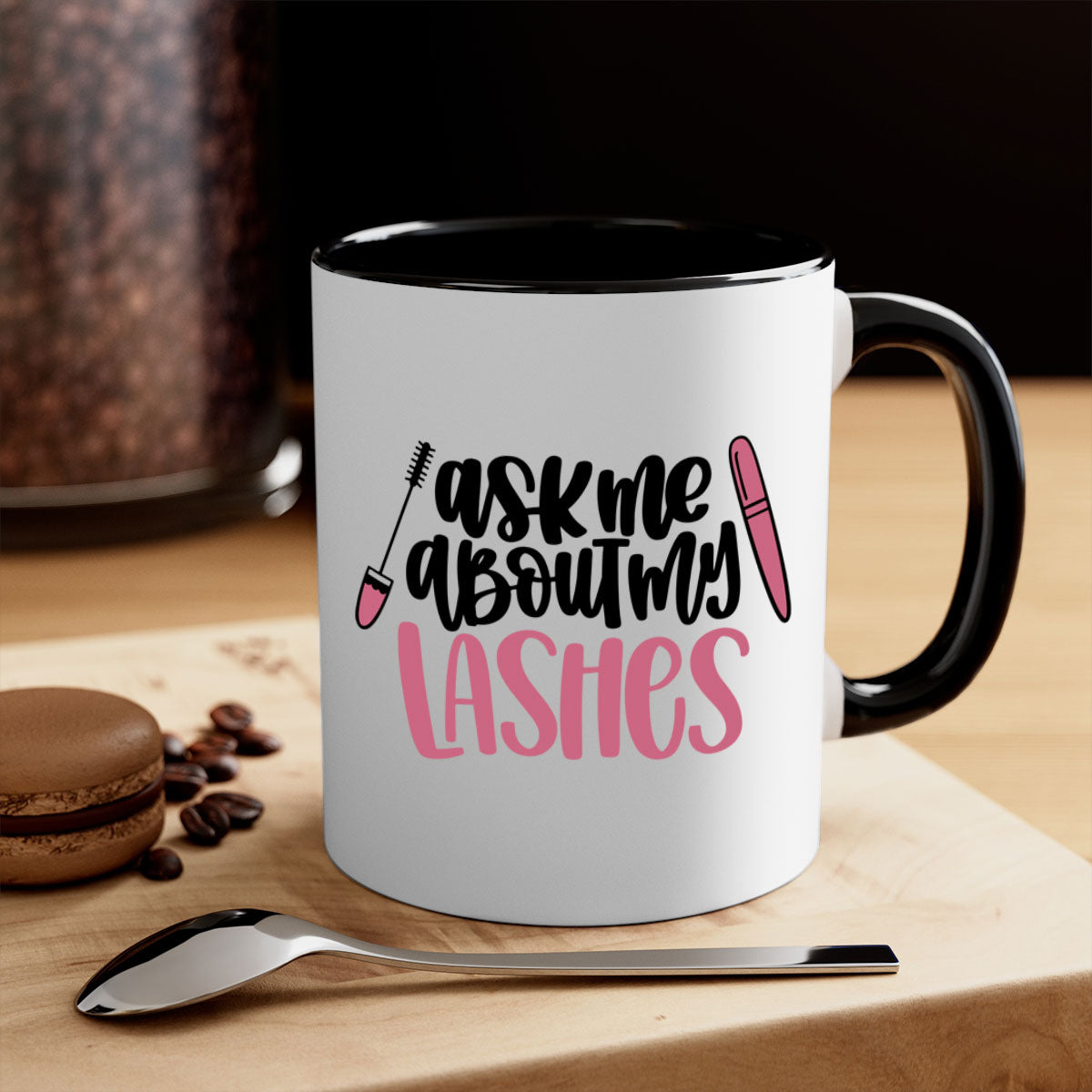 Ask Me About My Lashes Style 144# Mug with colorful handle and glossy finish, available in multiple colors.