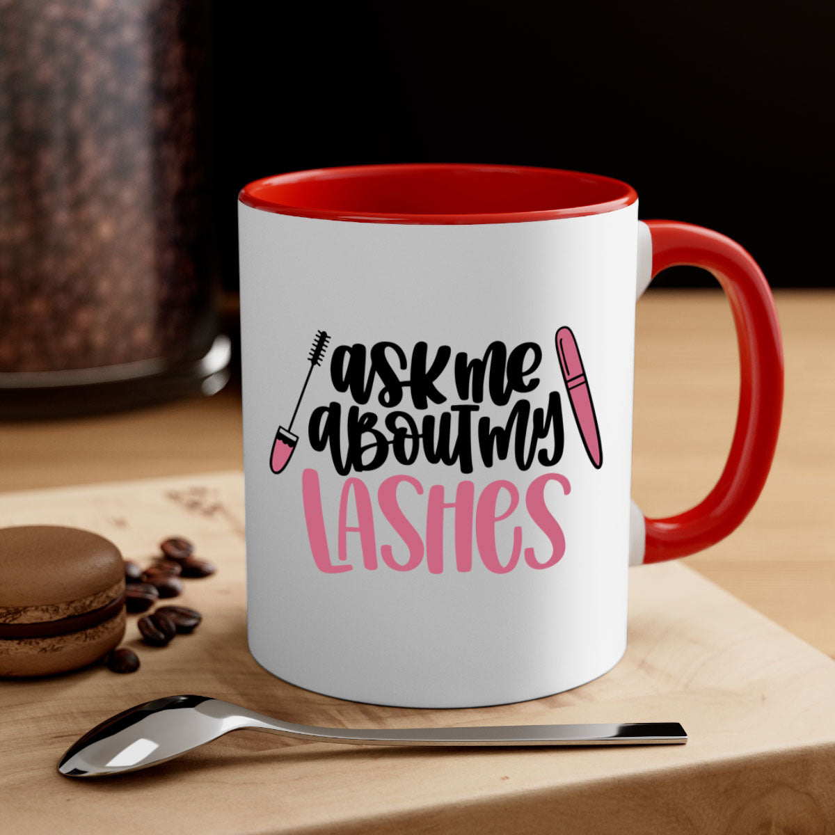 Ask Me About My Lashes Style 144# Mug with colorful handle and glossy finish, available in multiple colors.
