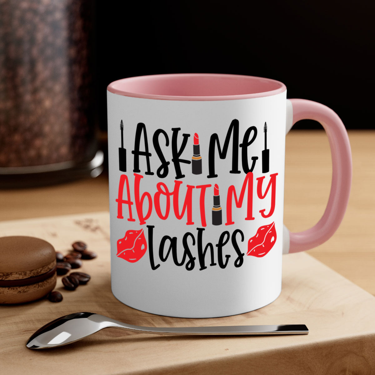 A stylish two-tone coffee mug featuring the phrase 'Ask Me About My Lashes Style 255#' with a glossy finish and a colored handle.