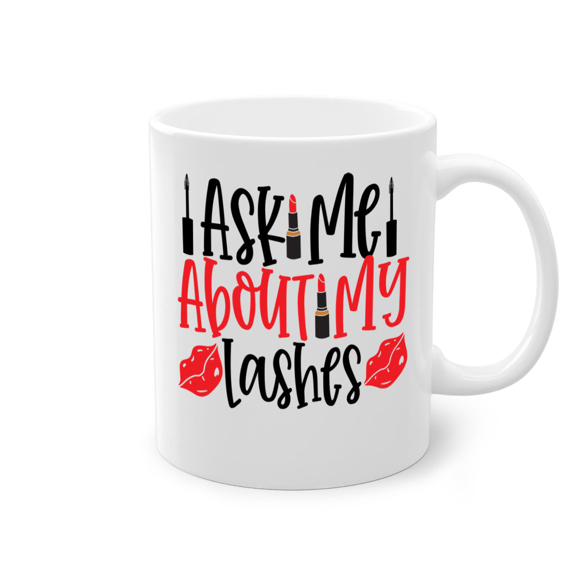 A stylish two-tone coffee mug featuring the phrase 'Ask Me About My Lashes Style 255#' with a glossy finish and a colored handle.