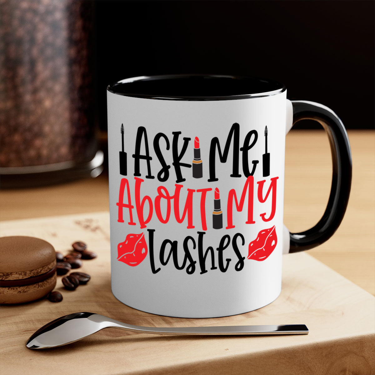A stylish two-tone coffee mug featuring the phrase 'Ask Me About My Lashes Style 255#' with a glossy finish and a colored handle.