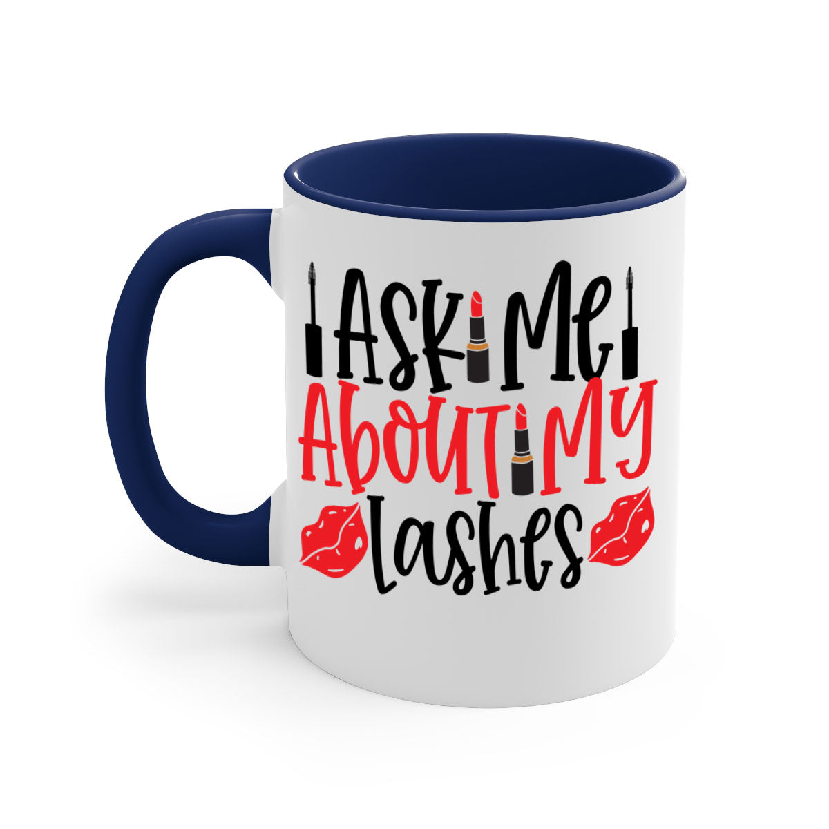 A stylish two-tone coffee mug featuring the phrase 'Ask Me About My Lashes Style 255#' with a glossy finish and a colored handle.