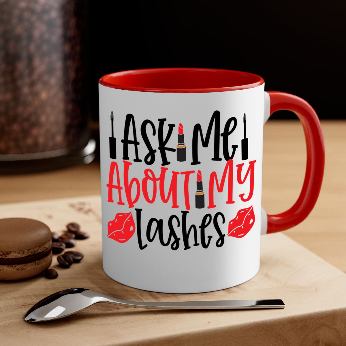 A stylish two-tone coffee mug featuring the phrase 'Ask Me About My Lashes Style 255#' with a glossy finish and a colored handle.