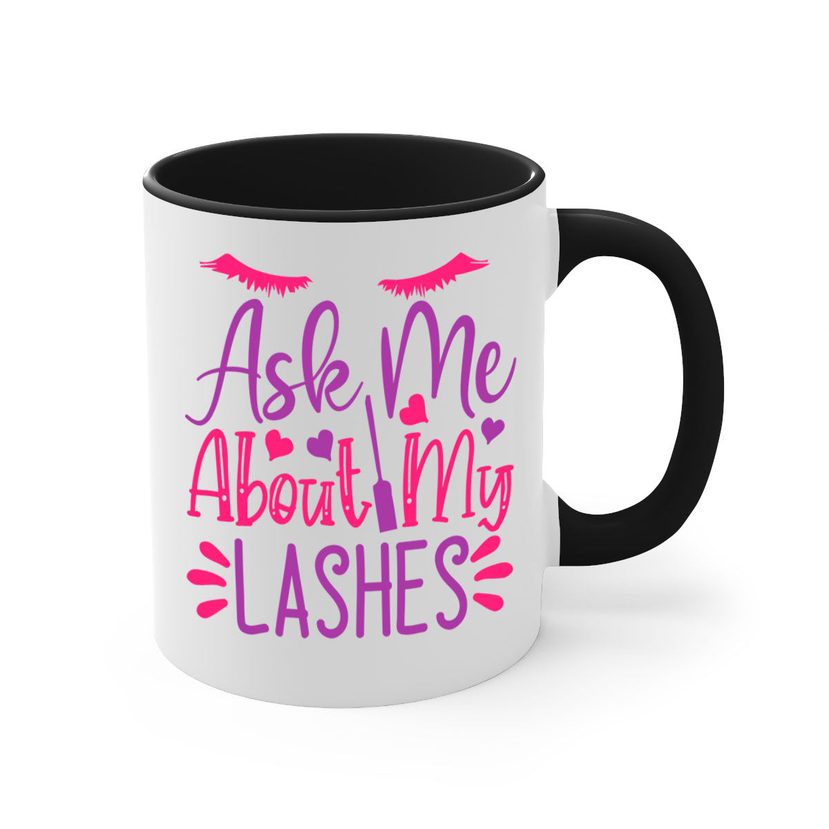 A stylish two-tone coffee mug with a colored handle and glossy finish, featuring the phrase 'Ask Me About My Lashes' in a chic design.
