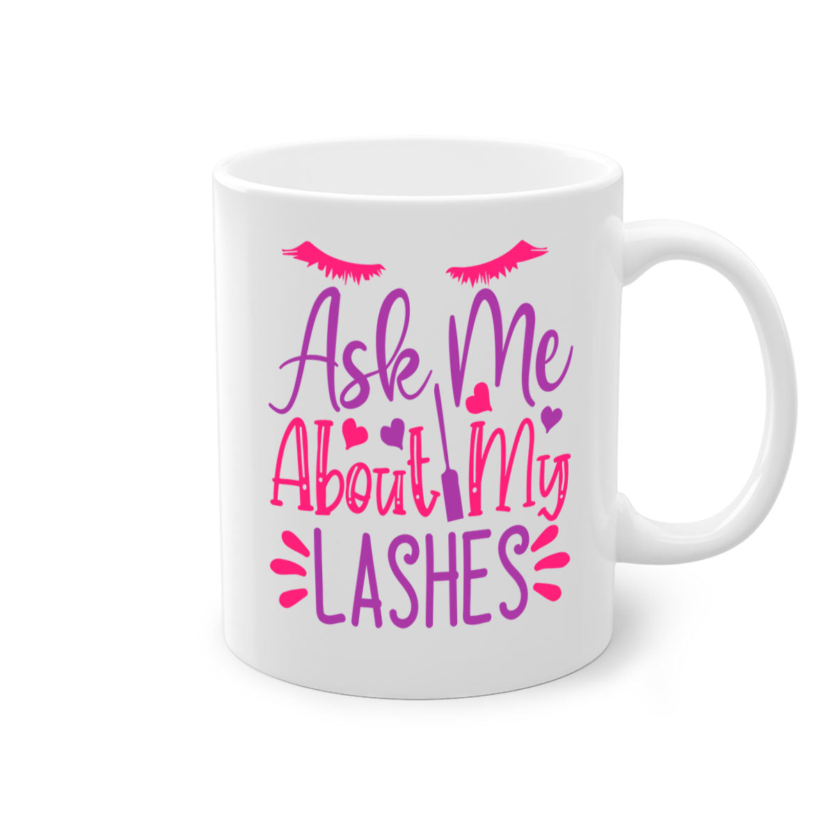 A stylish two-tone coffee mug with a colored handle and glossy finish, featuring the phrase 'Ask Me About My Lashes' in a chic design.