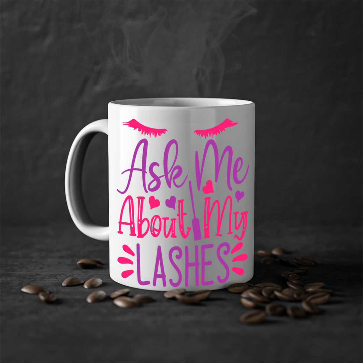 A stylish two-tone coffee mug with a colored handle and glossy finish, featuring the phrase 'Ask Me About My Lashes' in a chic design.