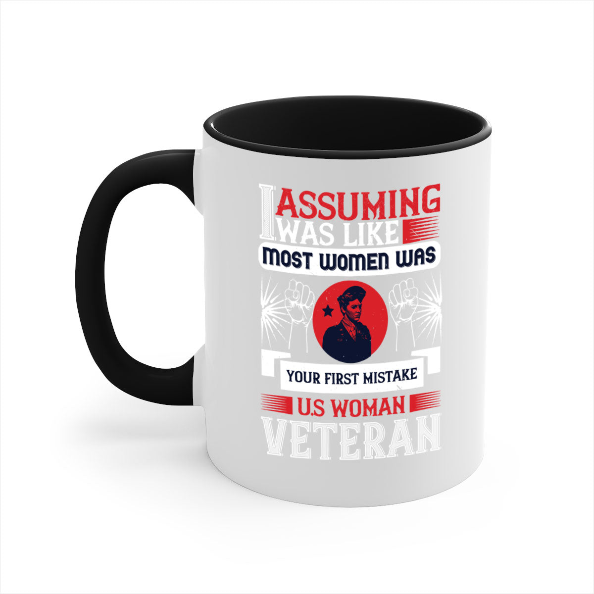 A stylish two-tone ceramic mug with a colored handle and glossy finish, featuring the phrase 'Assuming I Was Like Most Women Was Your First Mistake'.