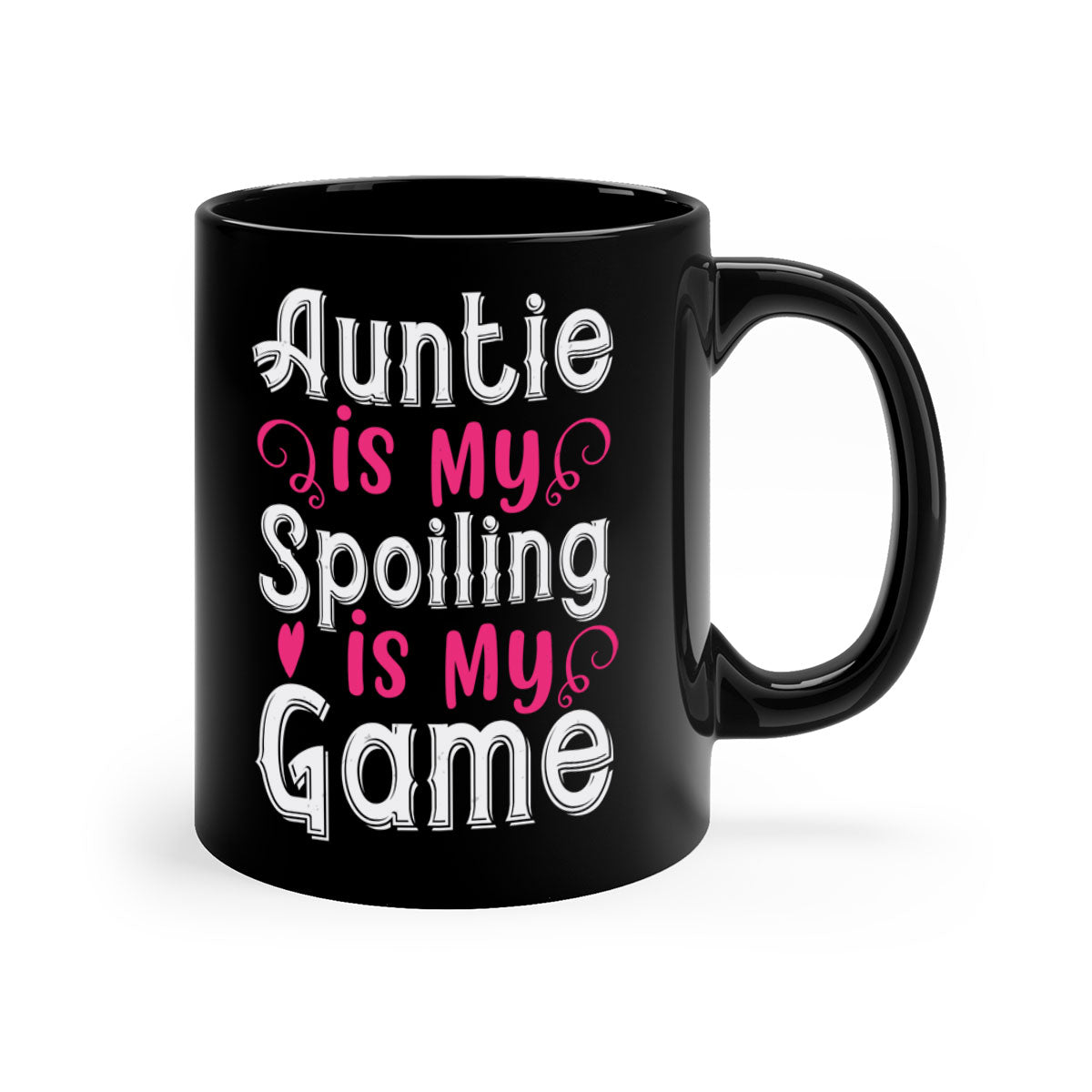 Auntie is My Name Spoiling is My Game mug with a glossy finish, featuring a colored handle and interior, available in five colors.