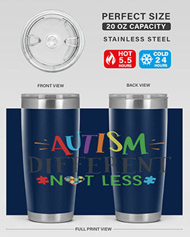 20oz and 30oz stainless steel tumblers featuring 'Autism Different Not Less' design, perfect for hot and cold beverages.