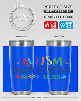 20oz and 30oz stainless steel tumblers featuring 'Autism Different Not Less' design, perfect for hot and cold beverages.