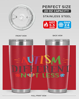 20oz and 30oz stainless steel tumblers featuring 'Autism Different Not Less' design, perfect for hot and cold beverages.