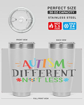 20oz and 30oz stainless steel tumblers featuring 'Autism Different Not Less' design, perfect for hot and cold beverages.