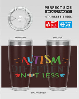 20oz and 30oz stainless steel tumblers featuring 'Autism Different Not Less' design, perfect for hot and cold beverages.