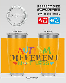 20oz and 30oz stainless steel tumblers featuring 'Autism Different Not Less' design, perfect for hot and cold beverages.