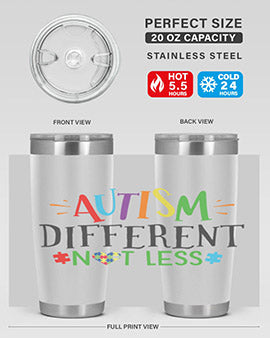 20oz and 30oz stainless steel tumblers featuring 'Autism Different Not Less' design, perfect for hot and cold beverages.