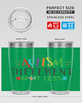 20oz and 30oz stainless steel tumblers featuring 'Autism Different Not Less' design, perfect for hot and cold beverages.