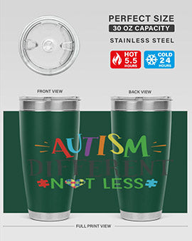 20oz and 30oz stainless steel tumblers featuring 'Autism Different Not Less' design, perfect for hot and cold beverages.