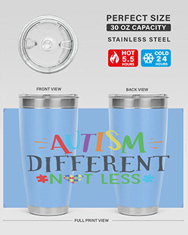 20oz and 30oz stainless steel tumblers featuring 'Autism Different Not Less' design, perfect for hot and cold beverages.