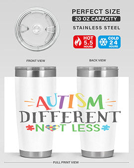 20oz and 30oz stainless steel tumblers featuring 'Autism Different Not Less' design, perfect for hot and cold beverages.