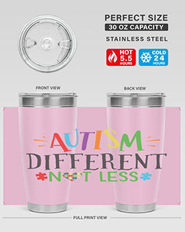 20oz and 30oz stainless steel tumblers featuring 'Autism Different Not Less' design, perfect for hot and cold beverages.