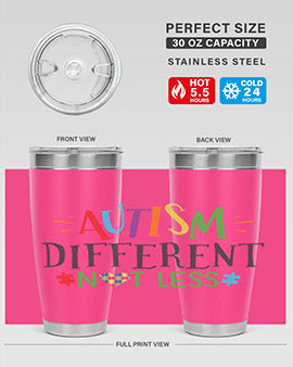 20oz and 30oz stainless steel tumblers featuring 'Autism Different Not Less' design, perfect for hot and cold beverages.