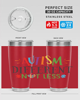 20oz and 30oz stainless steel tumblers featuring 'Autism Different Not Less' design, perfect for hot and cold beverages.